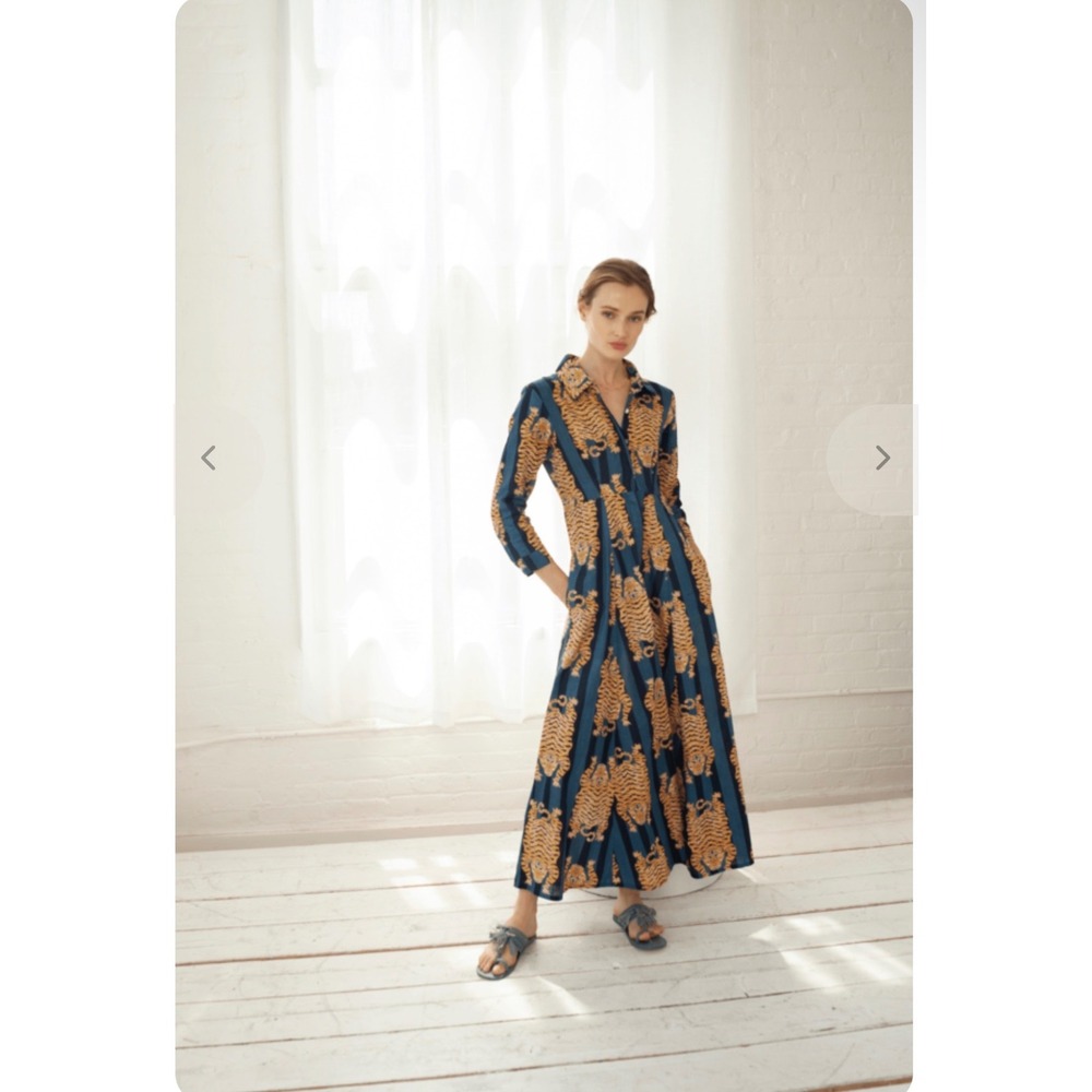 Guadalupe Tiger Hand Block Print Maxi Shirt Dress Medium Blue Striped Cotton